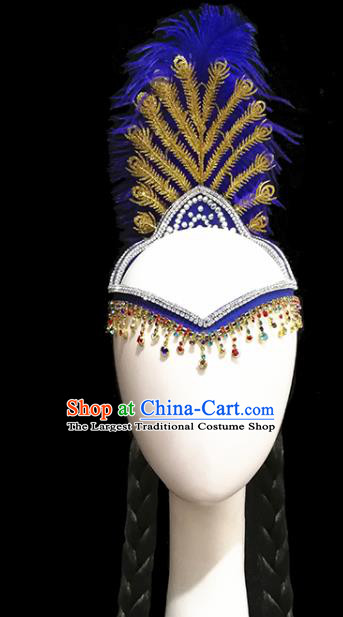 China Handmade Ethnic Women Royalblue Feather Hair Accessories Traditional Uyghur Nationality Folk Dance Braid Hat