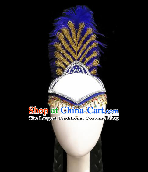 China Handmade Ethnic Women Royalblue Feather Hair Accessories Traditional Uyghur Nationality Folk Dance Braid Hat