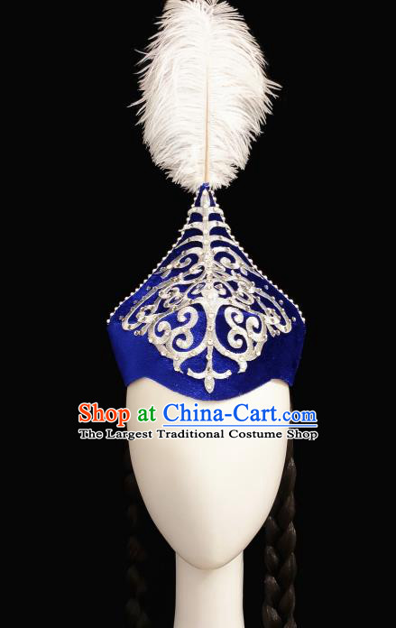 China Handmade Ethnic Women Braid Hair Accessories Traditional Kazak Nationality Folk Dance Royalblue Hat