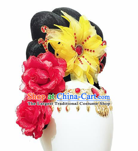 Traditional China Handmade Classical Dance Wig Chignon Stage Show Hair Accessories Flying Apsaras Dance Headdress