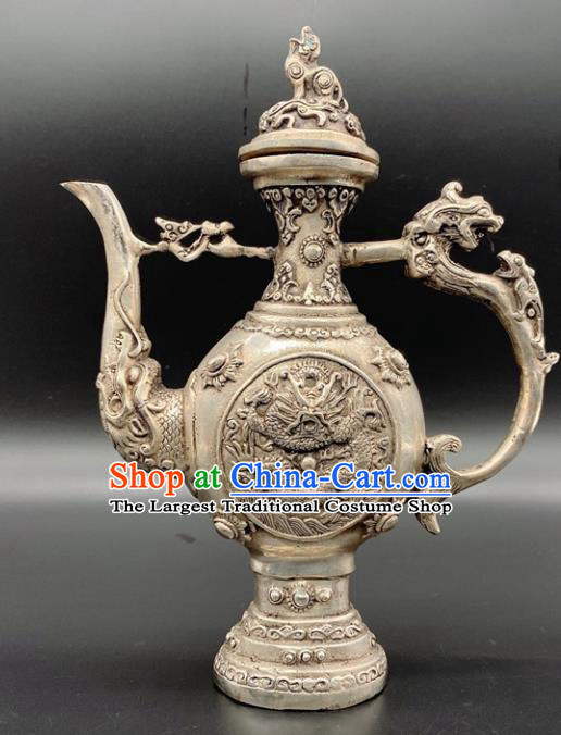 Handmade Chinese Carving Dragon Flagon Ornaments Traditional Brass Craft Wine Pot
