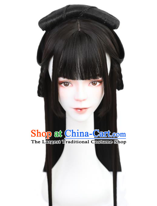 China Handmade Ancient Noble Lady Wig Sheath Traditional Jin Dynasty Princess Straight Bangs Wiggery Headdress