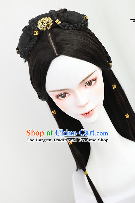 China Traditional Qin Dynasty Princess Wiggery Headdress Handmade Ancient Palace Lady Wig Sheath