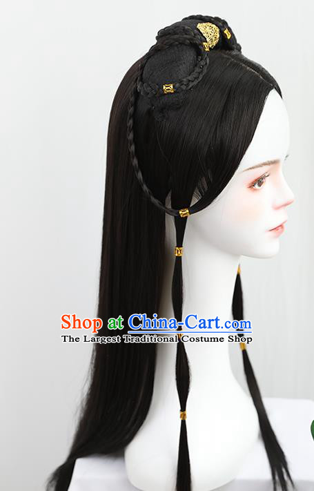 China Traditional Qin Dynasty Princess Wiggery Headdress Handmade Ancient Palace Lady Wig Sheath