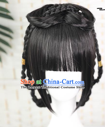 China Traditional Song Dynasty Young Lady Straight Bangs Wiggery Headdress Handmade Ancient Village Girl Wig Sheath