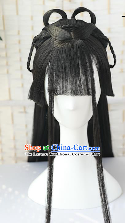 China Traditional Jin Dynasty Noble Lady Straight Bangs Wiggery Headdress Handmade Ancient Princess Wig Sheath