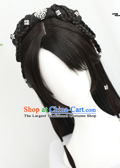 China Traditional Ming Dynasty Swordswoman Wiggery Headdress Handmade Ancient Young Girl Wig Sheath