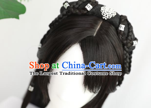 China Traditional Ming Dynasty Swordswoman Wiggery Headdress Handmade Ancient Young Girl Wig Sheath