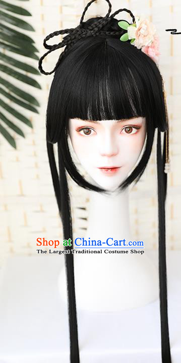 China Traditional Ming Dynasty Young Girl Wiggery Headdress Handmade Ancient Palace Lady Straight Bang Wig Sheath