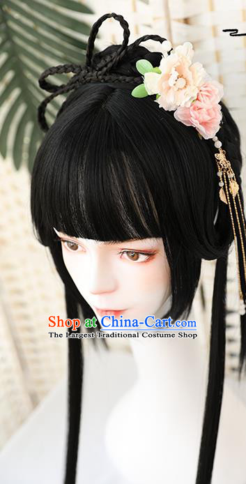 China Traditional Ming Dynasty Young Girl Wiggery Headdress Handmade Ancient Palace Lady Straight Bang Wig Sheath