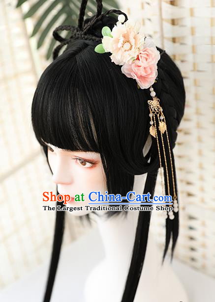 China Traditional Ming Dynasty Young Girl Wiggery Headdress Handmade Ancient Palace Lady Straight Bang Wig Sheath