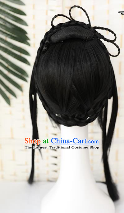 China Traditional Ming Dynasty Young Girl Wiggery Headdress Handmade Ancient Palace Lady Straight Bang Wig Sheath