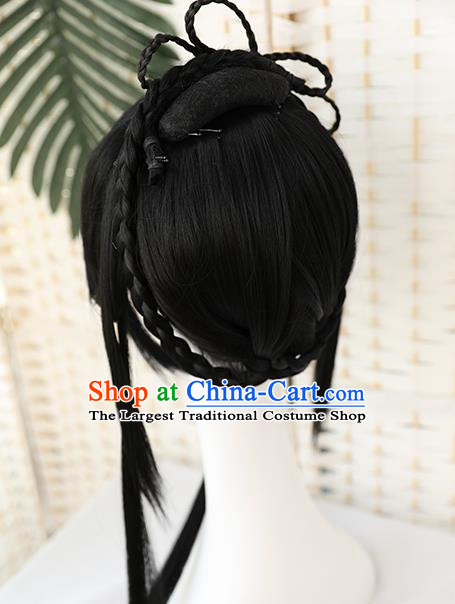 China Traditional Ming Dynasty Young Girl Wiggery Headdress Handmade Ancient Palace Lady Straight Bang Wig Sheath