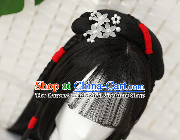 China Traditional Ming Dynasty Straight Bang Wiggery Headdress Handmade Ancient Young Beauty Wig Sheath