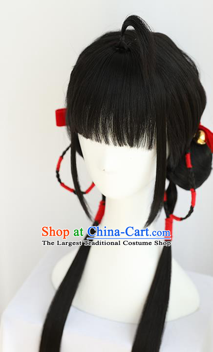 China Traditional Qing Dynasty Wiggery Headdress Handmade Ancient Village Girl Straight Bangs Wig Sheath