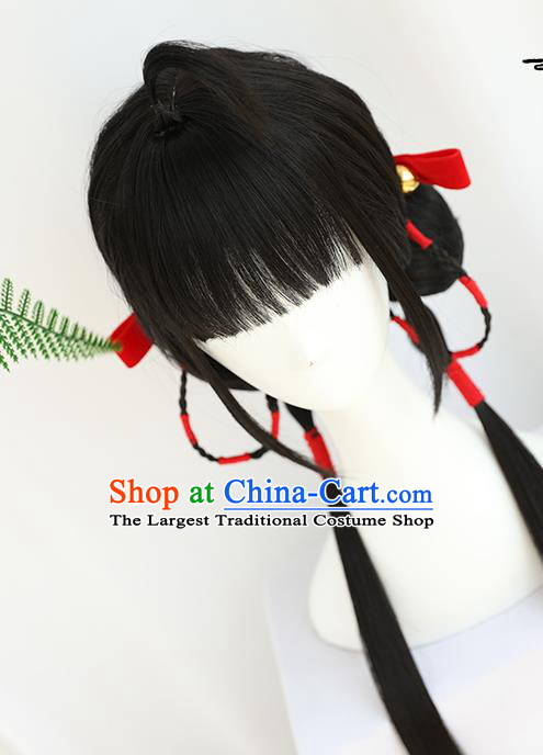 China Traditional Qing Dynasty Wiggery Headdress Handmade Ancient Village Girl Straight Bangs Wig Sheath