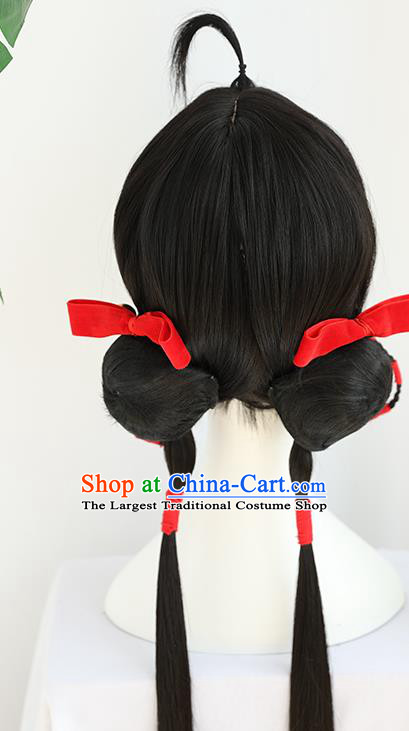 China Traditional Qing Dynasty Wiggery Headdress Handmade Ancient Village Girl Straight Bangs Wig Sheath