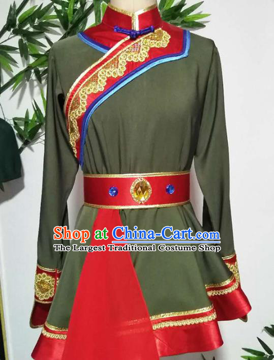 China Handmade Folk Dance Green Outfits Traditional Mongol Nationality Clothing