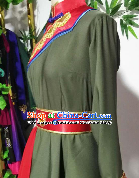 China Handmade Folk Dance Green Outfits Traditional Mongol Nationality Clothing
