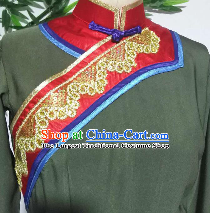 China Handmade Folk Dance Green Outfits Traditional Mongol Nationality Clothing