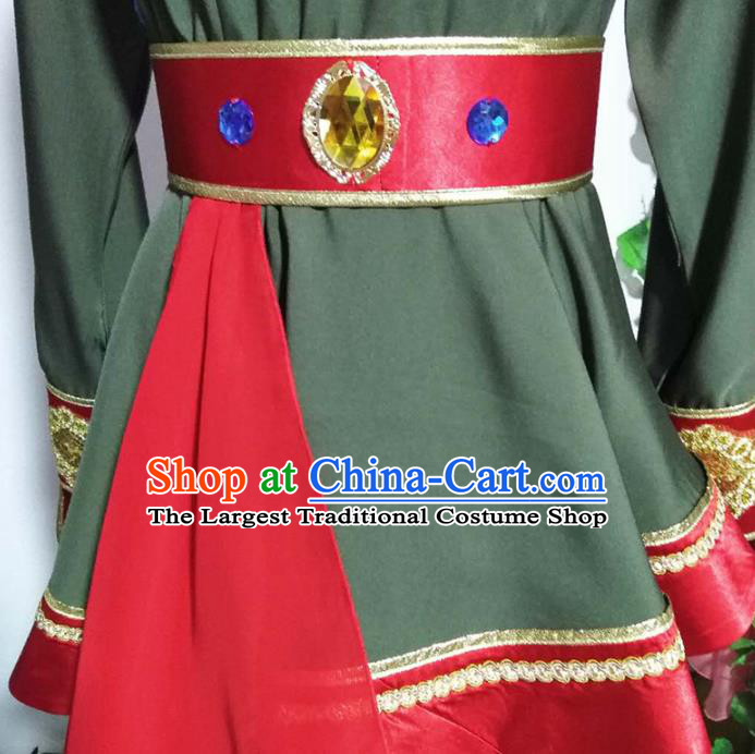 China Handmade Folk Dance Green Outfits Traditional Mongol Nationality Clothing