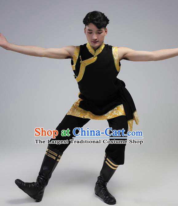 China Traditional Ethnic Costume Zang Nationality Folk Dance Black Shirt and Pants Outfits