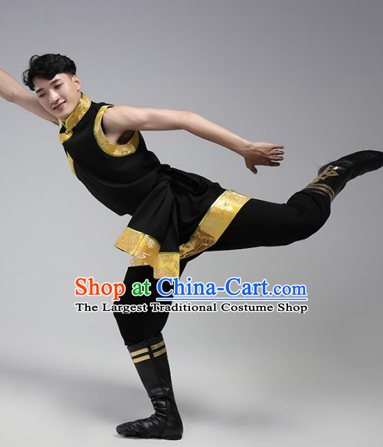 China Traditional Ethnic Costume Zang Nationality Folk Dance Black Shirt and Pants Outfits