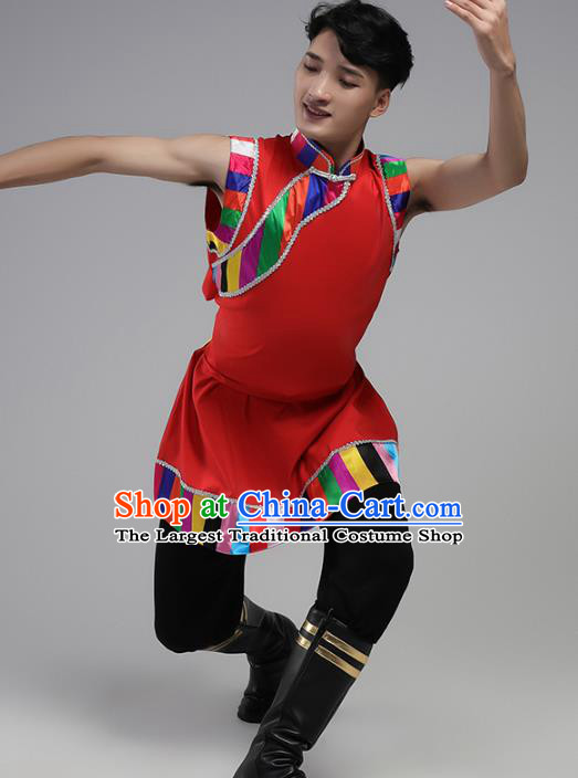 China Zang Nationality Folk Dance Red Shirt and Pants Outfits Traditional Ethnic Male Costume