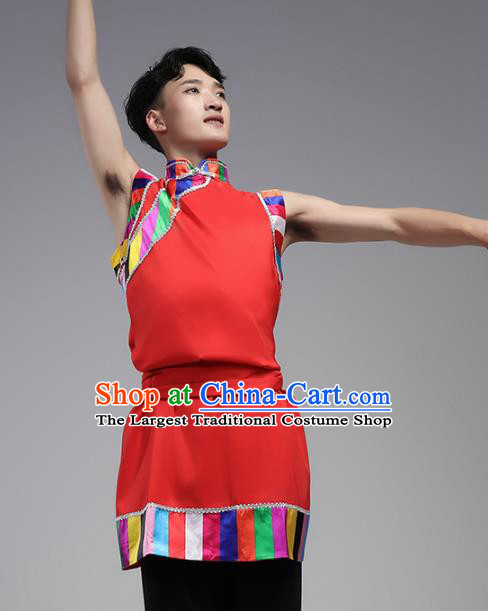 China Zang Nationality Folk Dance Red Shirt and Pants Outfits Traditional Ethnic Male Costume