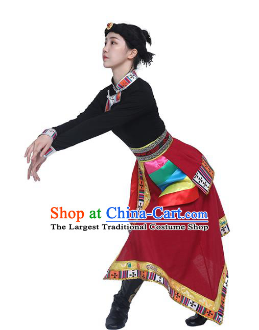 China Handmade Tibetan Ethnic Black Blouse and Red Skirt Outfits Traditional Zang Nationality Folk Dance Clothing
