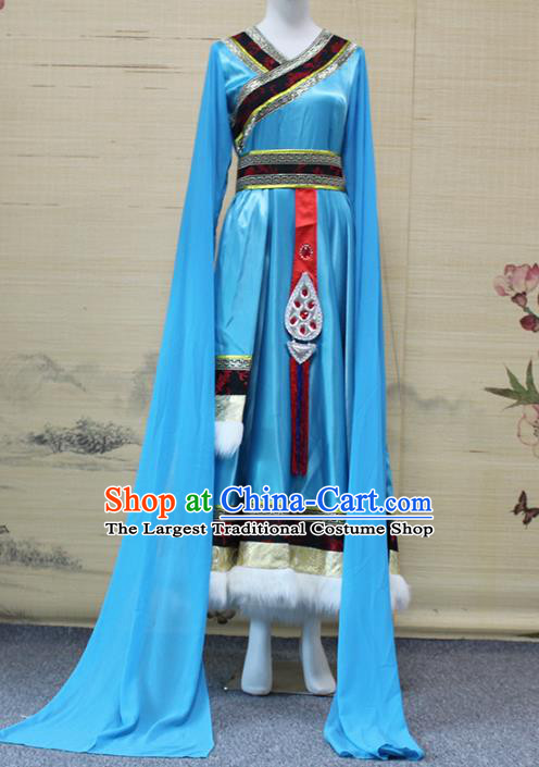 China Traditional Zang Nationality Folk Dance Clothing Tibetan Ethnic Women Dance Blue Robe
