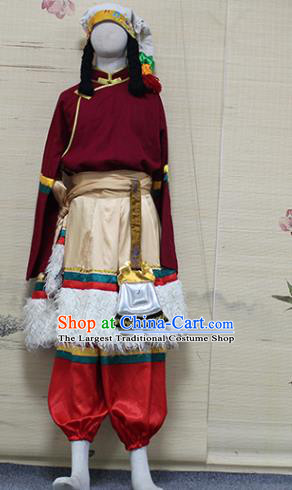 China Zang Nationality Folk Dance Wine Red Shirt and Pants Outfits Traditional Ethnic Male Tibetan Robe Costume