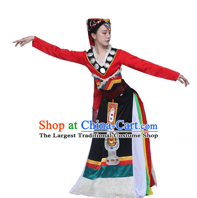 China Traditional Zang Nationality Folk Dance Clothing Tibetan Ethnic Women Dance Red Blouse and Black Skirt Outfits