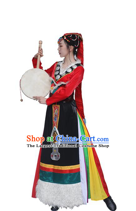 China Traditional Zang Nationality Folk Dance Clothing Tibetan Ethnic Women Dance Red Blouse and Black Skirt Outfits