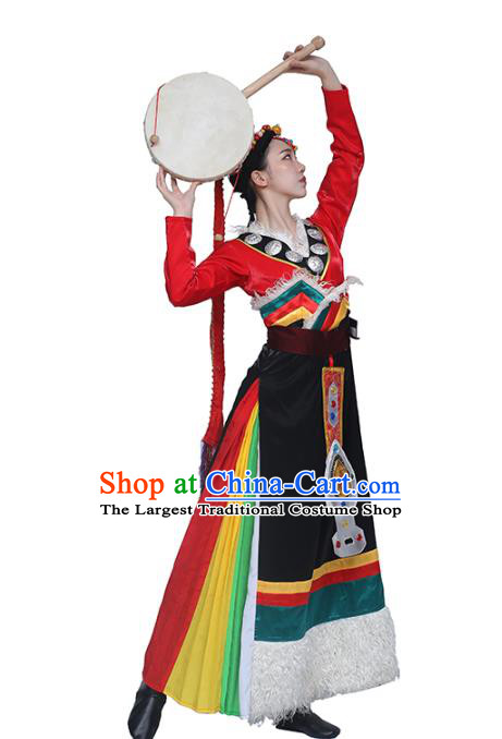 China Traditional Zang Nationality Folk Dance Clothing Tibetan Ethnic Women Dance Red Blouse and Black Skirt Outfits