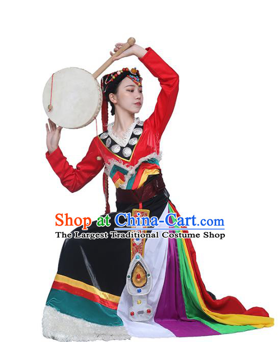 China Traditional Zang Nationality Folk Dance Clothing Tibetan Ethnic Women Dance Red Blouse and Black Skirt Outfits