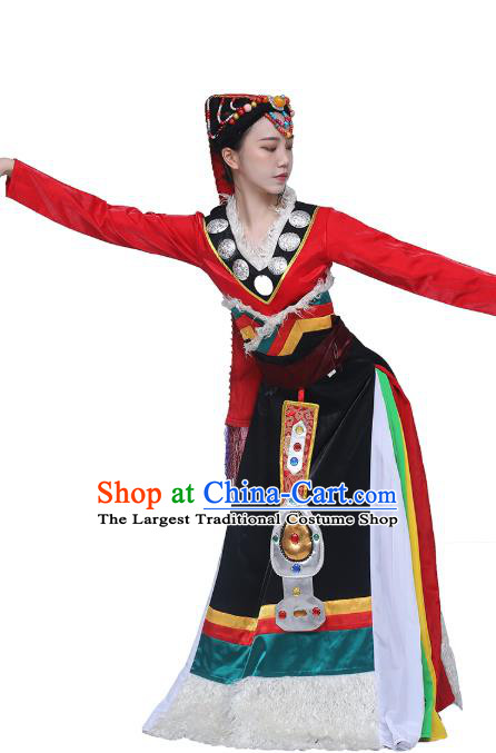 China Traditional Zang Nationality Folk Dance Clothing Tibetan Ethnic Women Dance Red Blouse and Black Skirt Outfits