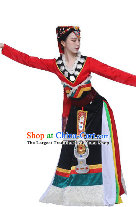 China Traditional Zang Nationality Folk Dance Clothing Tibetan Ethnic Women Dance Red Blouse and Black Skirt Outfits