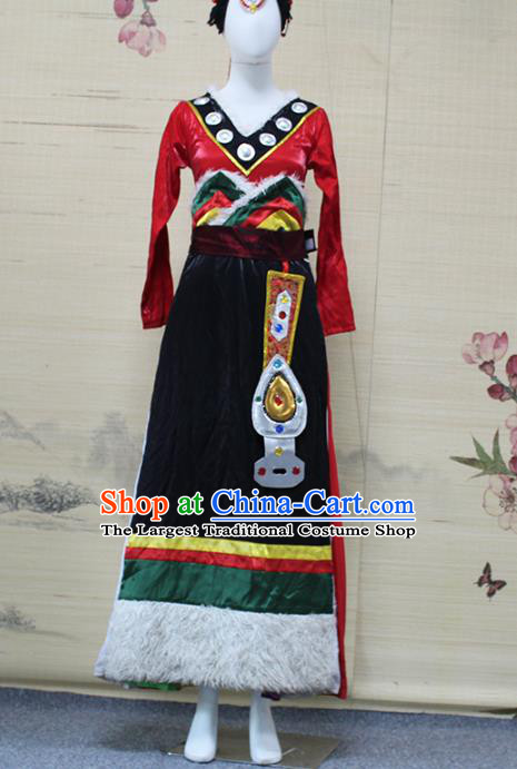 China Traditional Zang Nationality Folk Dance Clothing Tibetan Ethnic Women Dance Red Blouse and Black Skirt Outfits