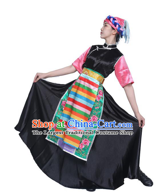 China Traditional Zang Nationality Dance Clothing Tibetan Ethnic Folk Dance Black Dress Outfits