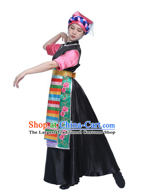 China Traditional Zang Nationality Dance Clothing Tibetan Ethnic Folk Dance Black Dress Outfits