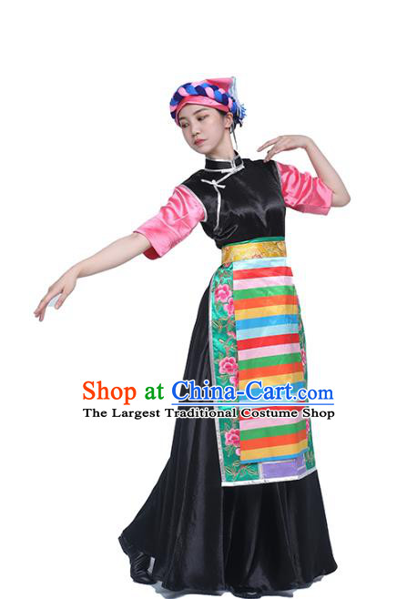 China Traditional Zang Nationality Dance Clothing Tibetan Ethnic Folk Dance Black Dress Outfits