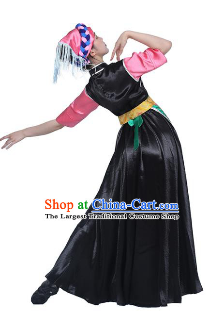 China Traditional Zang Nationality Dance Clothing Tibetan Ethnic Folk Dance Black Dress Outfits
