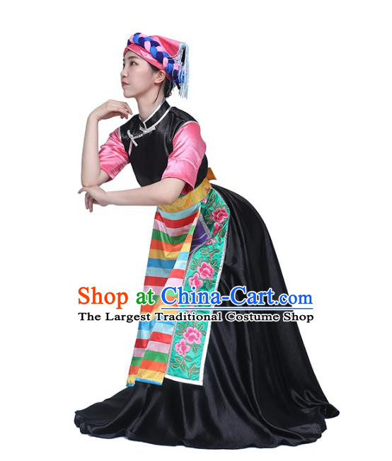 China Traditional Zang Nationality Dance Clothing Tibetan Ethnic Folk Dance Black Dress Outfits