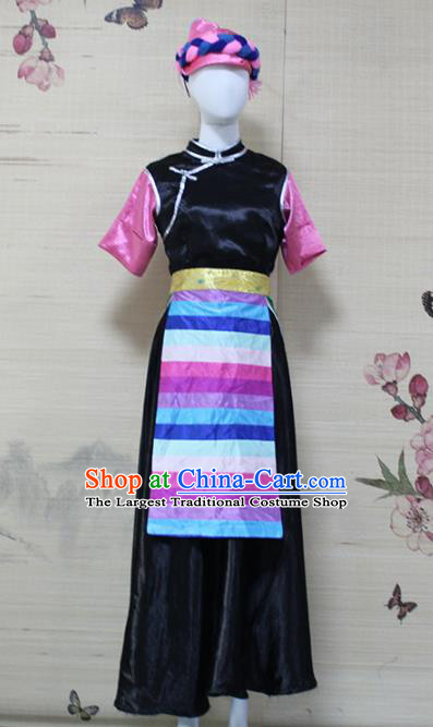 China Traditional Zang Nationality Dance Clothing Tibetan Ethnic Folk Dance Black Dress Outfits