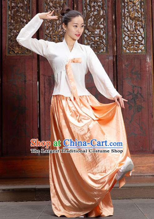 Handmade Chinese Classical Dance Clothing Traditional Korean Nationality Dance White Blouse and Orange Dress