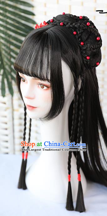 China Traditional Song Dynasty Straight Bangs Wiggery Headdress Handmade Ancient Female Swordsman Huang Rong Wig Sheath