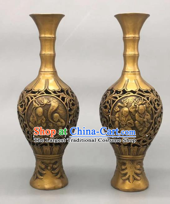 Handmade Chinese Carving Kids Flower Jardiniere Ornaments Brass Vase Accessories