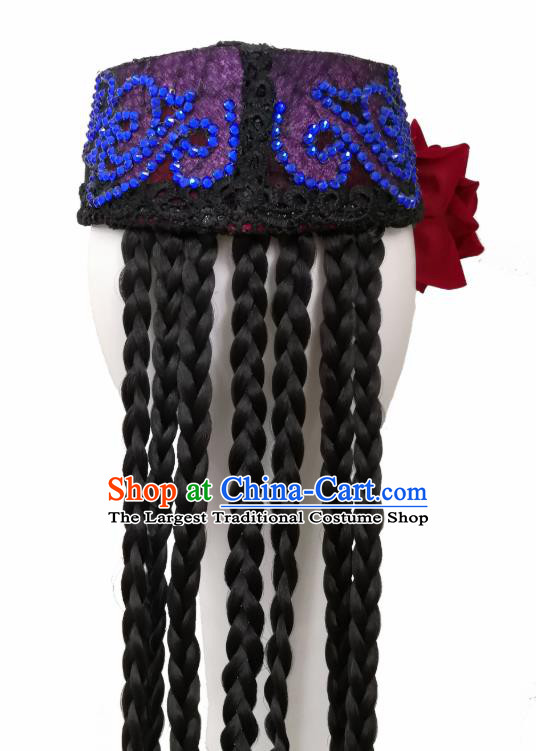 China Handmade Ethnic Women Braid Hair Accessories Traditional Uyghur Nationality Folk Dance Royalblue Tassel Hat