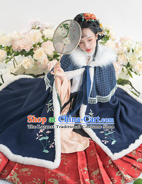 China Traditional Ming Dynasty Historical Clothing Ancient Nobility Lady Hanfu Embroidered Navy Cloak